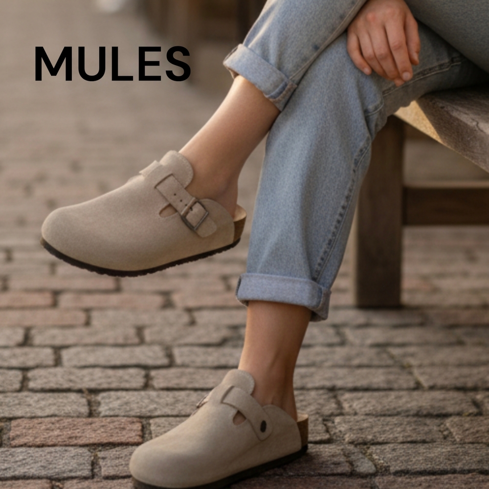 Mule Clogs with Buckle | Slip-On Comfort Shoes Vegan | Tan | Size 8.5 (39 EU)